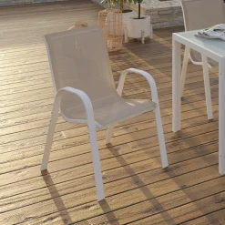 6 chaises de jardin blanc et beige empilables en métal et textilène