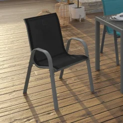 4 chaises de jardin en métal et textilène gris, noir et bleu