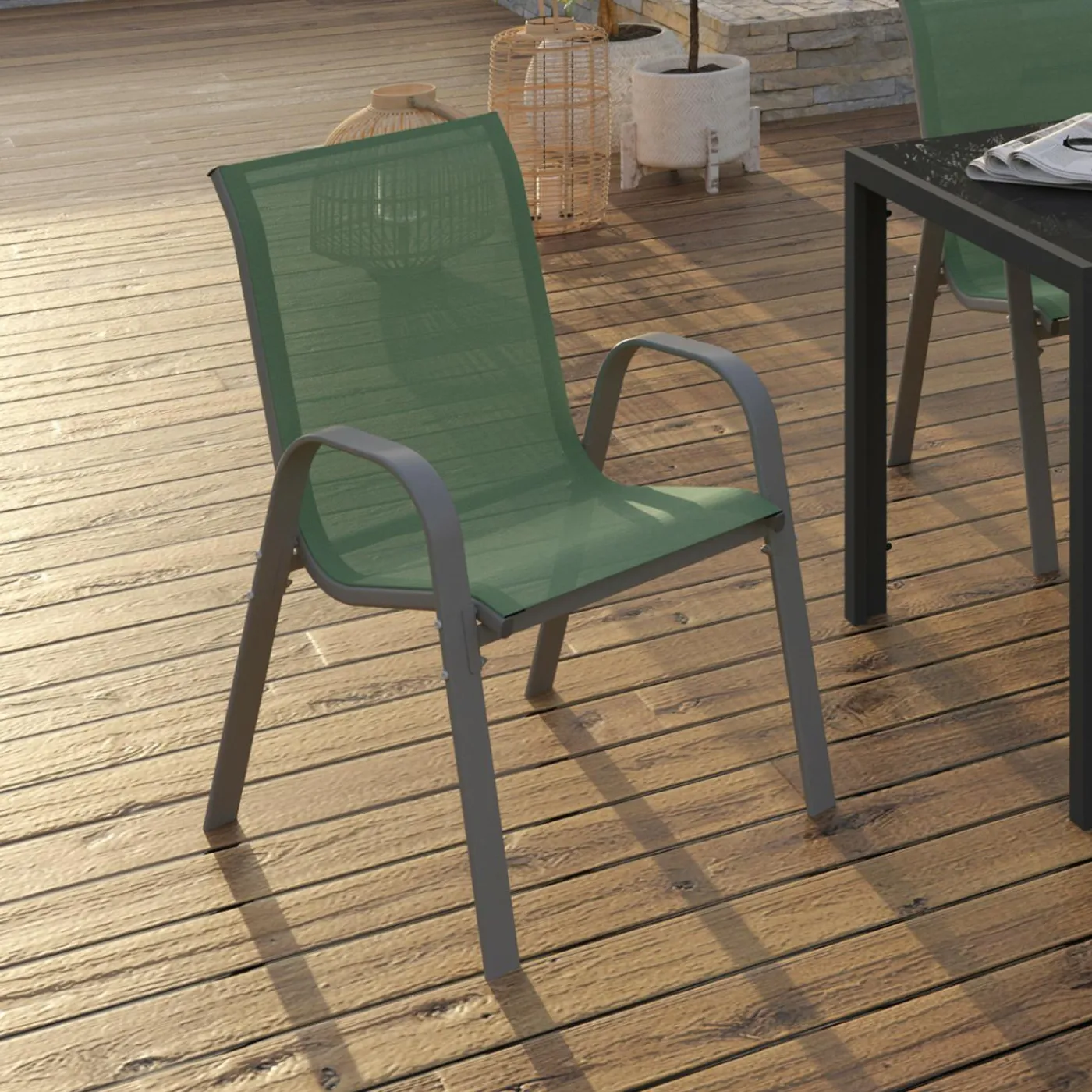 6 chaises de jardin vert olive empilables en métal et textilène