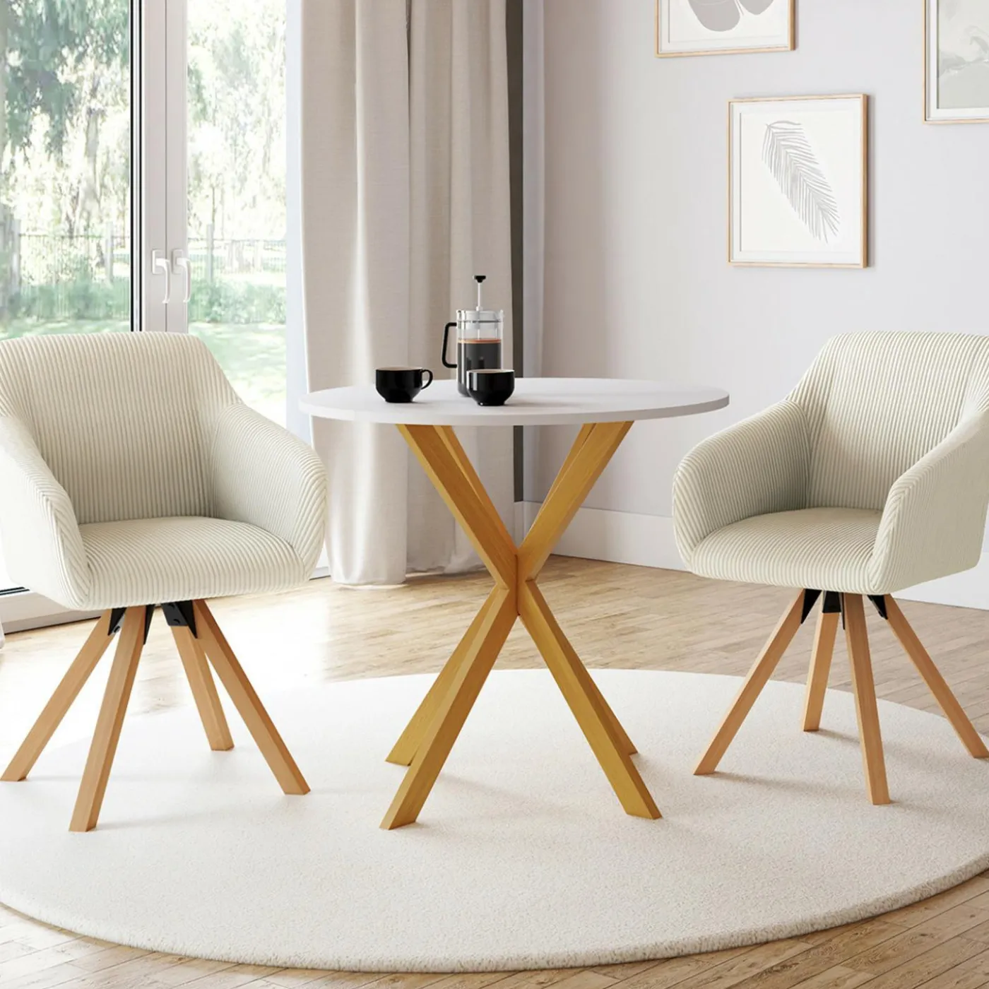 2 chaises pivotantes et fauteuils en velours beige