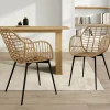 2 fauteuils de table effet rotin et pied métal noir