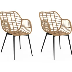 2 fauteuils de table effet rotin et pied métal noir