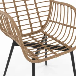 2 fauteuils de table effet rotin et pied métal noir