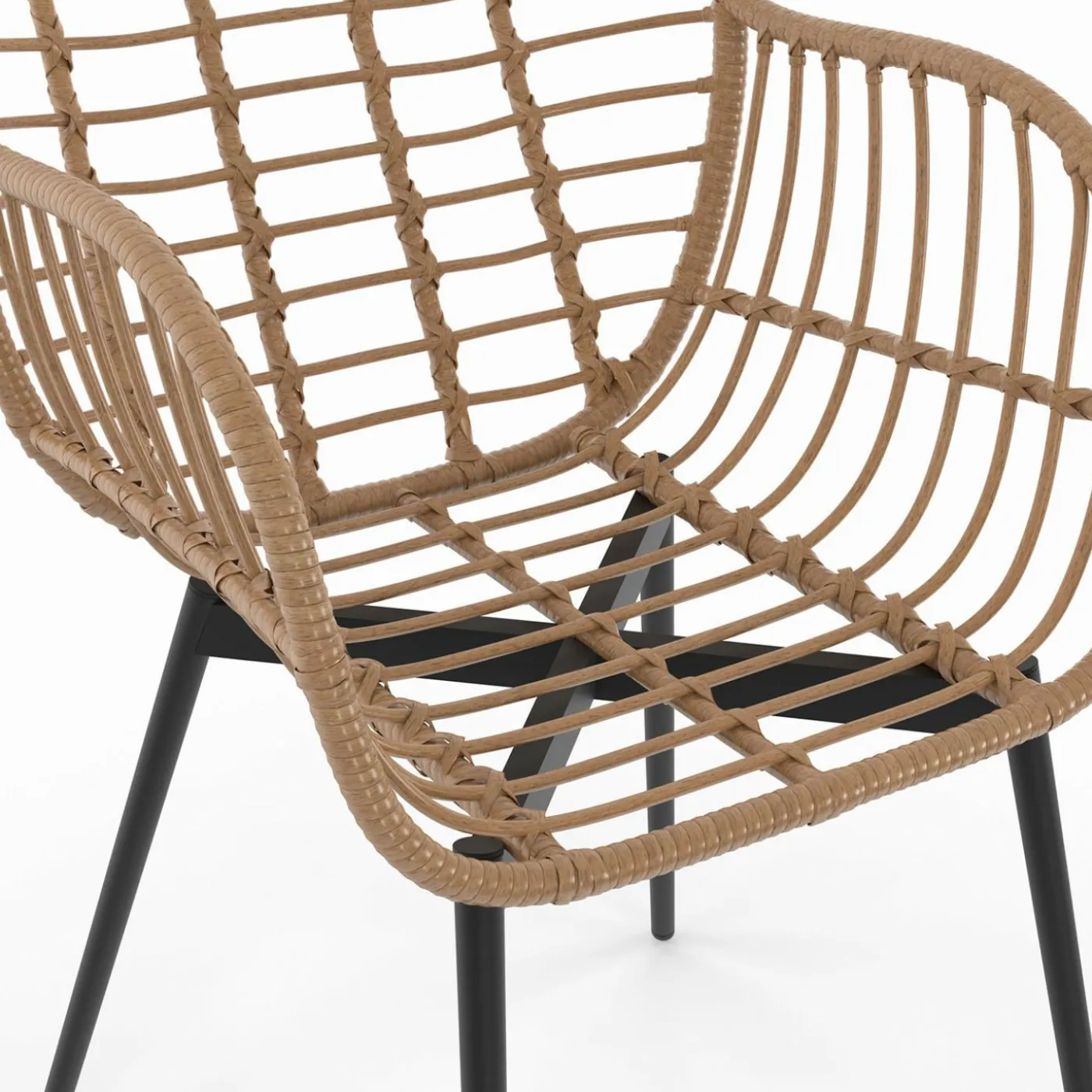 2 fauteuils de table effet rotin et pied métal noir