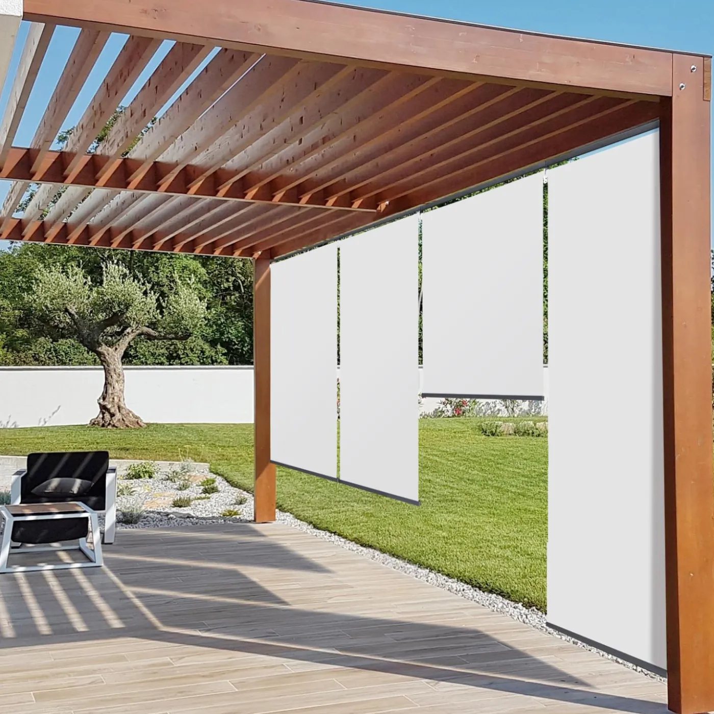 2 stores enrouleurs blancs 225 cm pour pergola