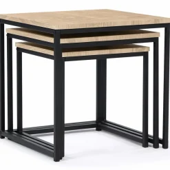3 tables basses gigognes bois et métal carrées
