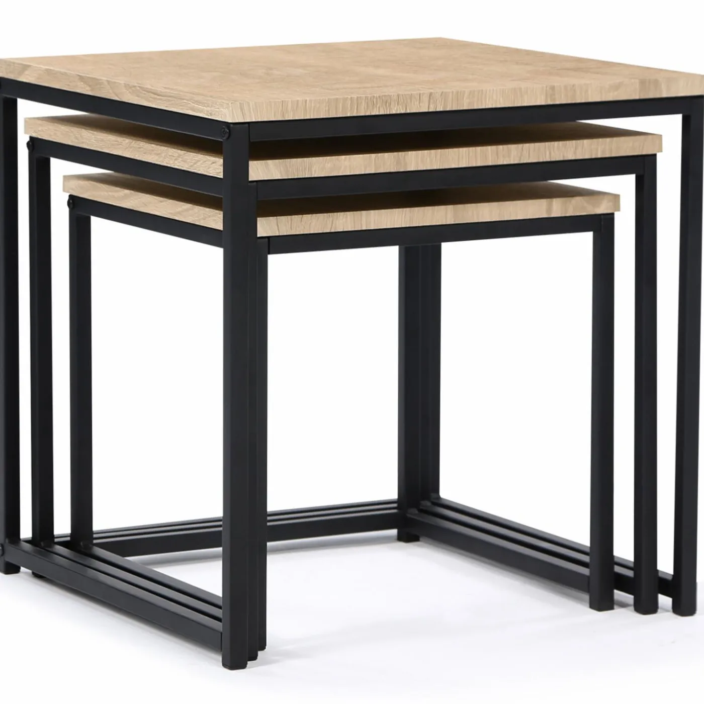 3 tables basses gigognes bois et métal carrées
