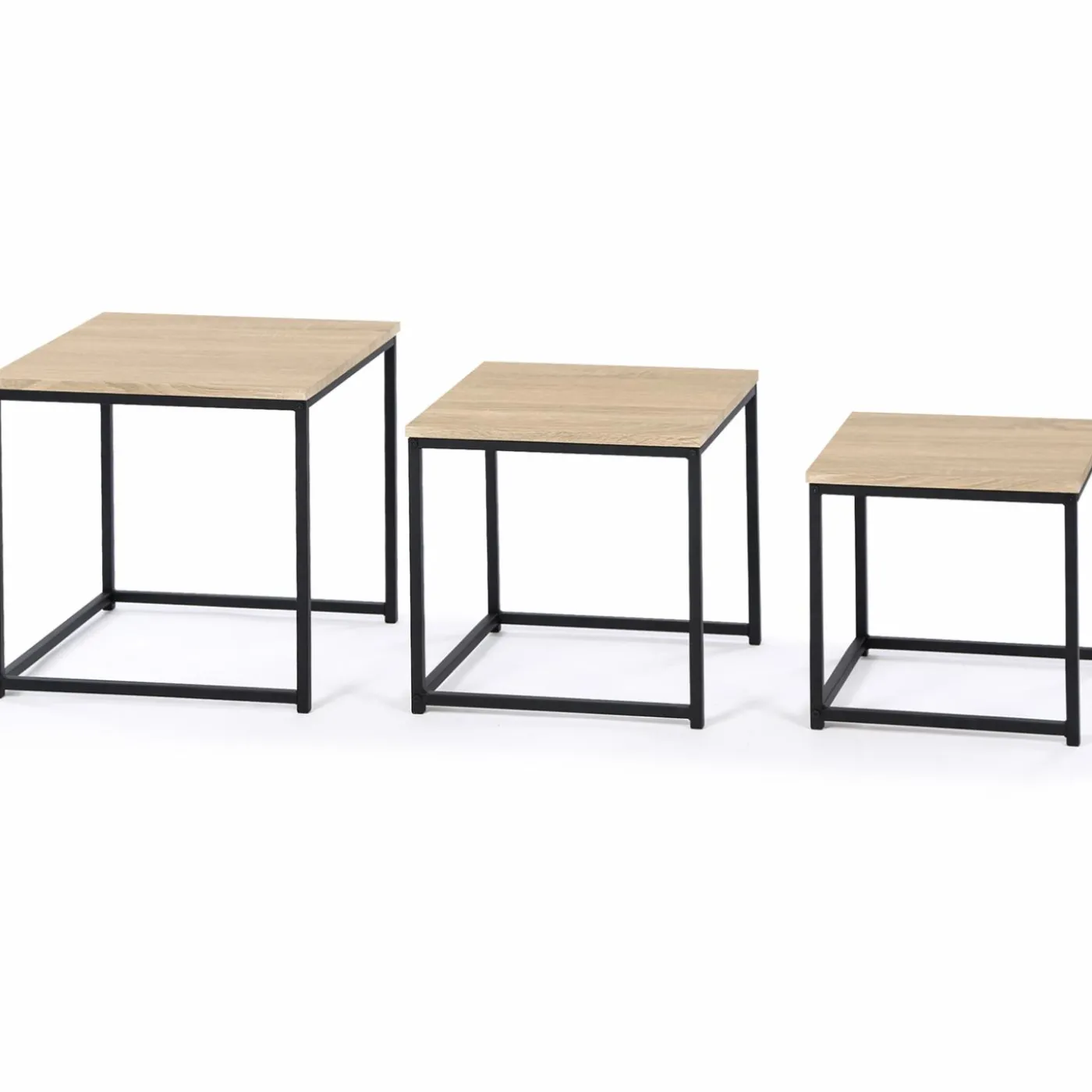 3 tables basses gigognes bois et métal carrées