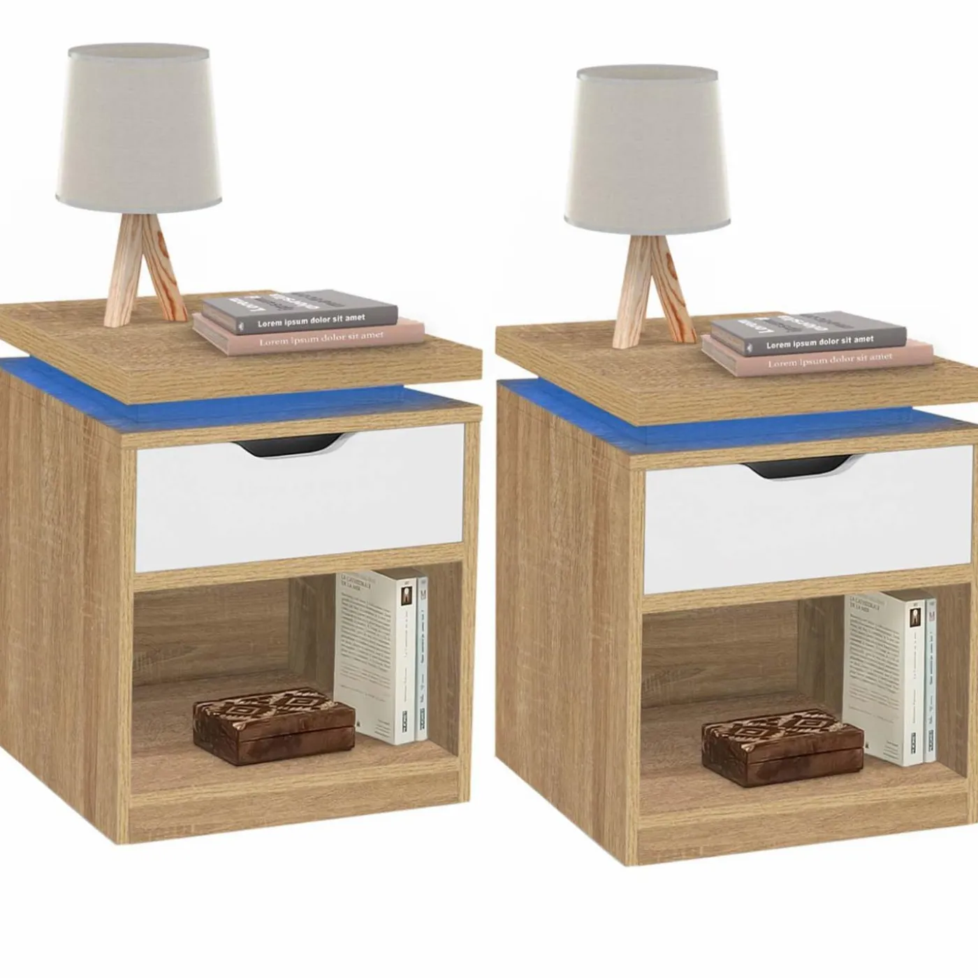 2 tables de chevet à LEDS tiroir et niche bois façon hêtre et blanc