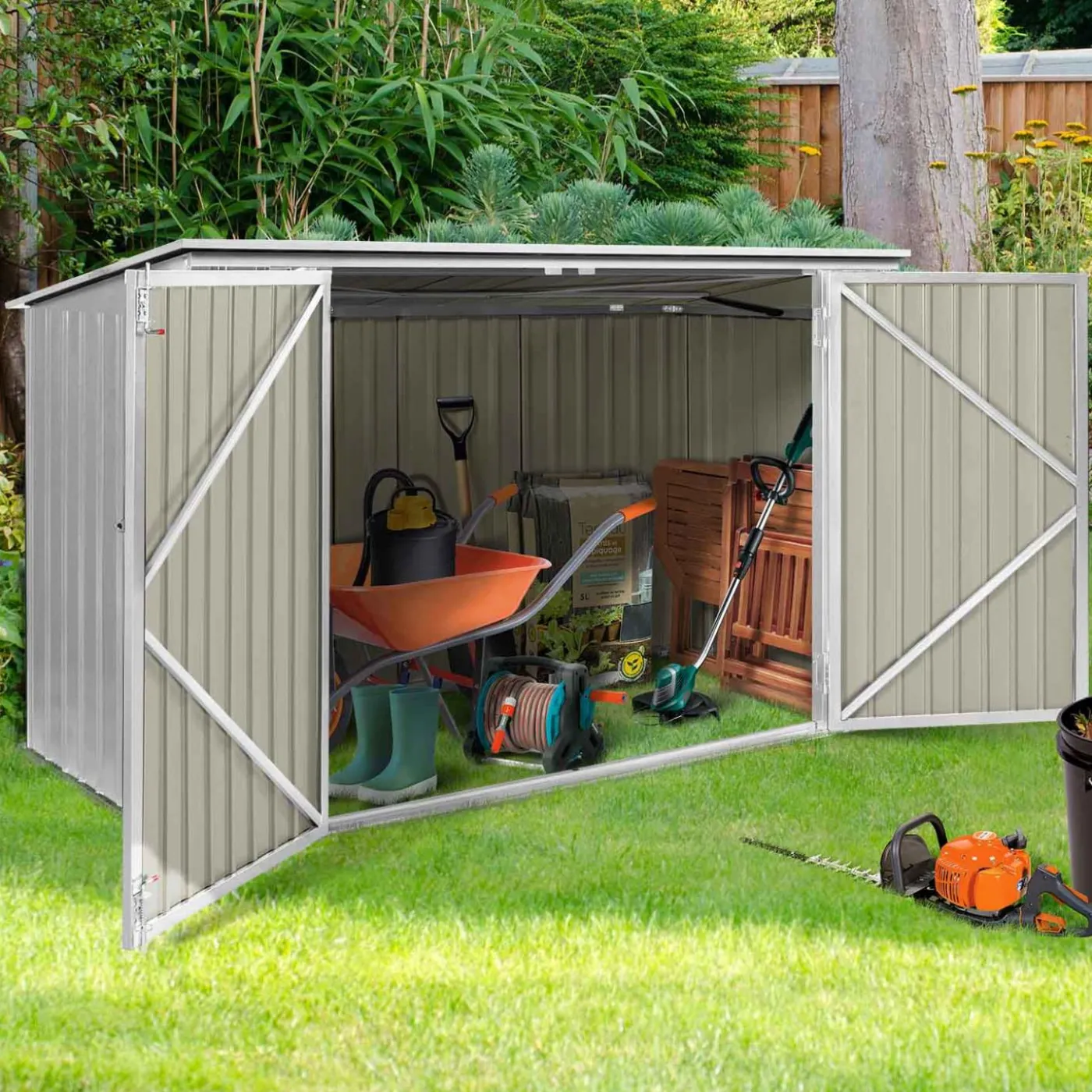 Abri de jardin multi-rangements en métal gris clair