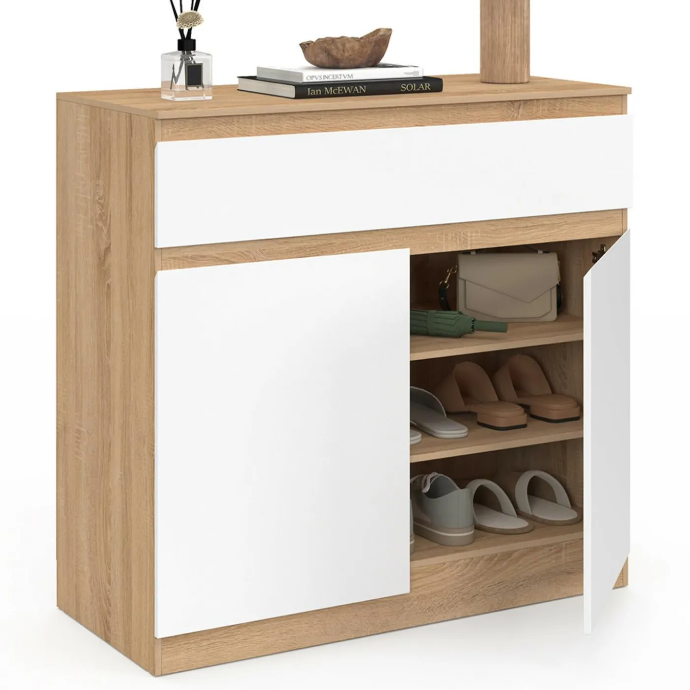 Armoire à chaussures 12 paires 2 portes 1 tiroir blanc et effet bois