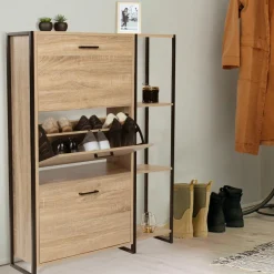 Armoire à chaussures bois imitation hêtre et métal noir