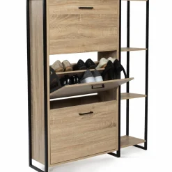 Armoire à chaussures bois imitation hêtre et métal noir