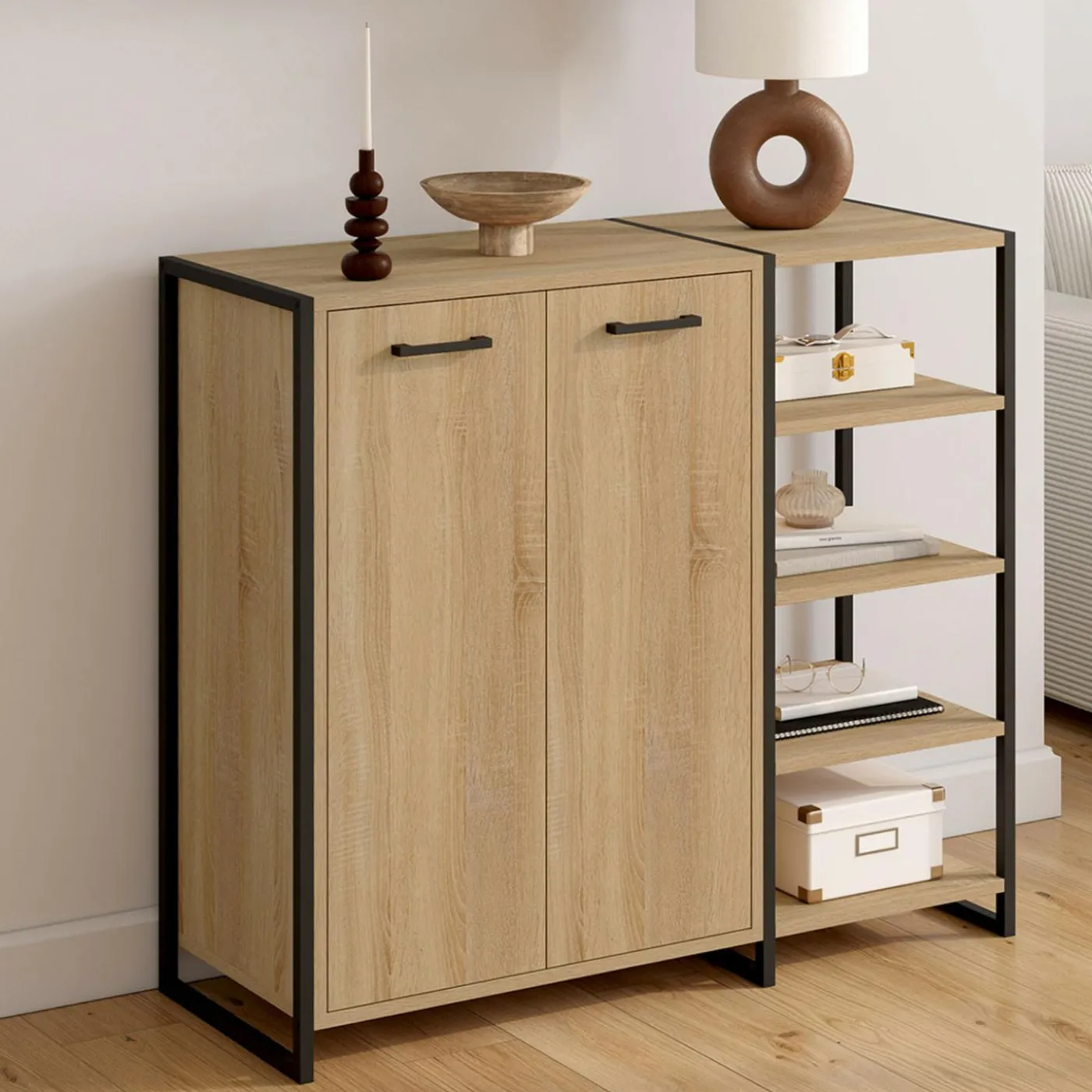Armoire à chaussures design industriel 12 paires 2 portes et 4 étagères