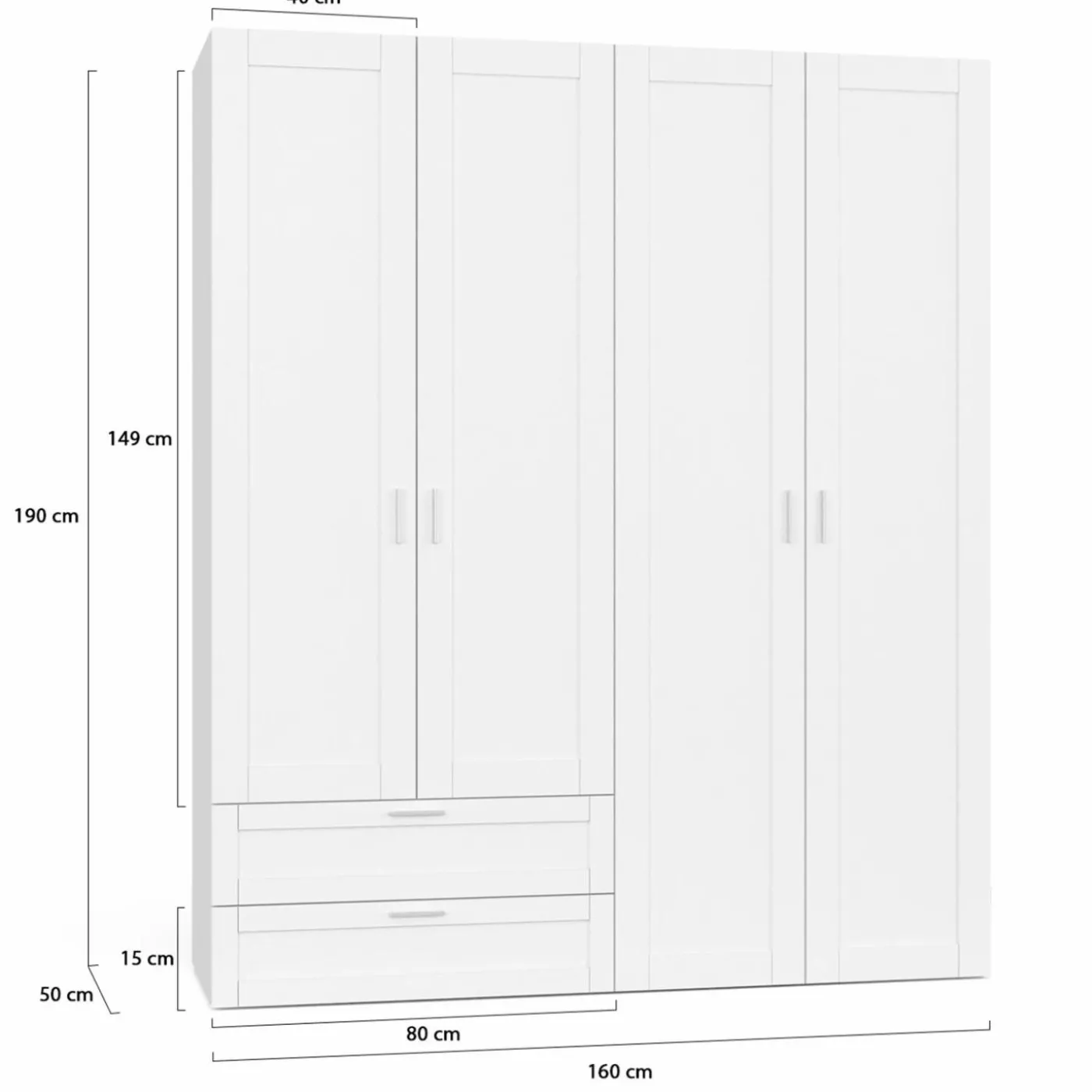 Armoire 4 portes blanche dressing penderie et 2 tiroirs 160 cm