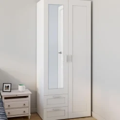 Armoire 2 portes blanche penderie avec miroir et 2 tiroirs 80 cm
