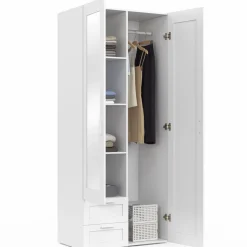 Armoire 2 portes blanche penderie avec miroir et 2 tiroirs 80 cm