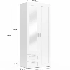 Armoire 2 portes blanche penderie avec miroir et 2 tiroirs 80 cm