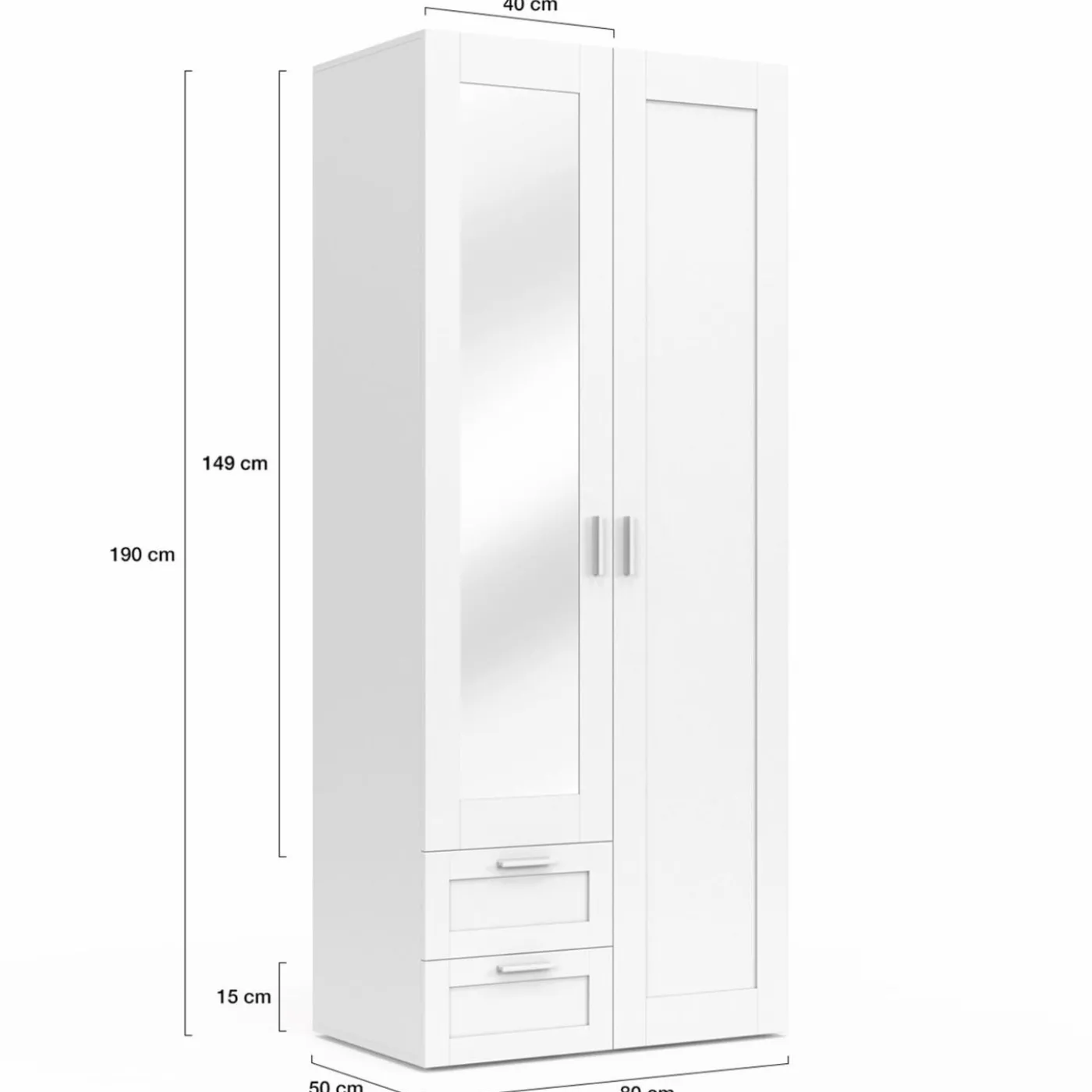 Armoire 2 portes blanche penderie avec miroir et 2 tiroirs 80 cm