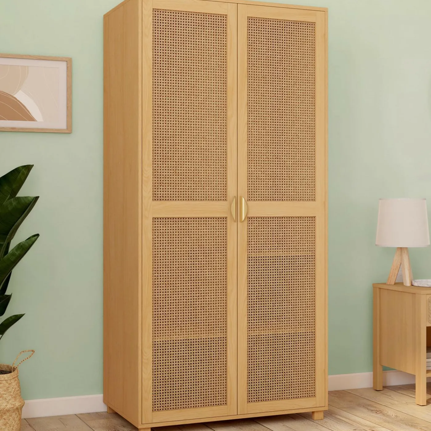 Armoire 2 portes cannage et bois penderie 80 cm avec étagères de rangement