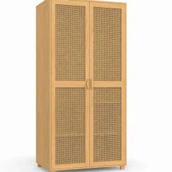 Armoire 2 portes cannage et bois penderie 80 cm avec étagères de rangement