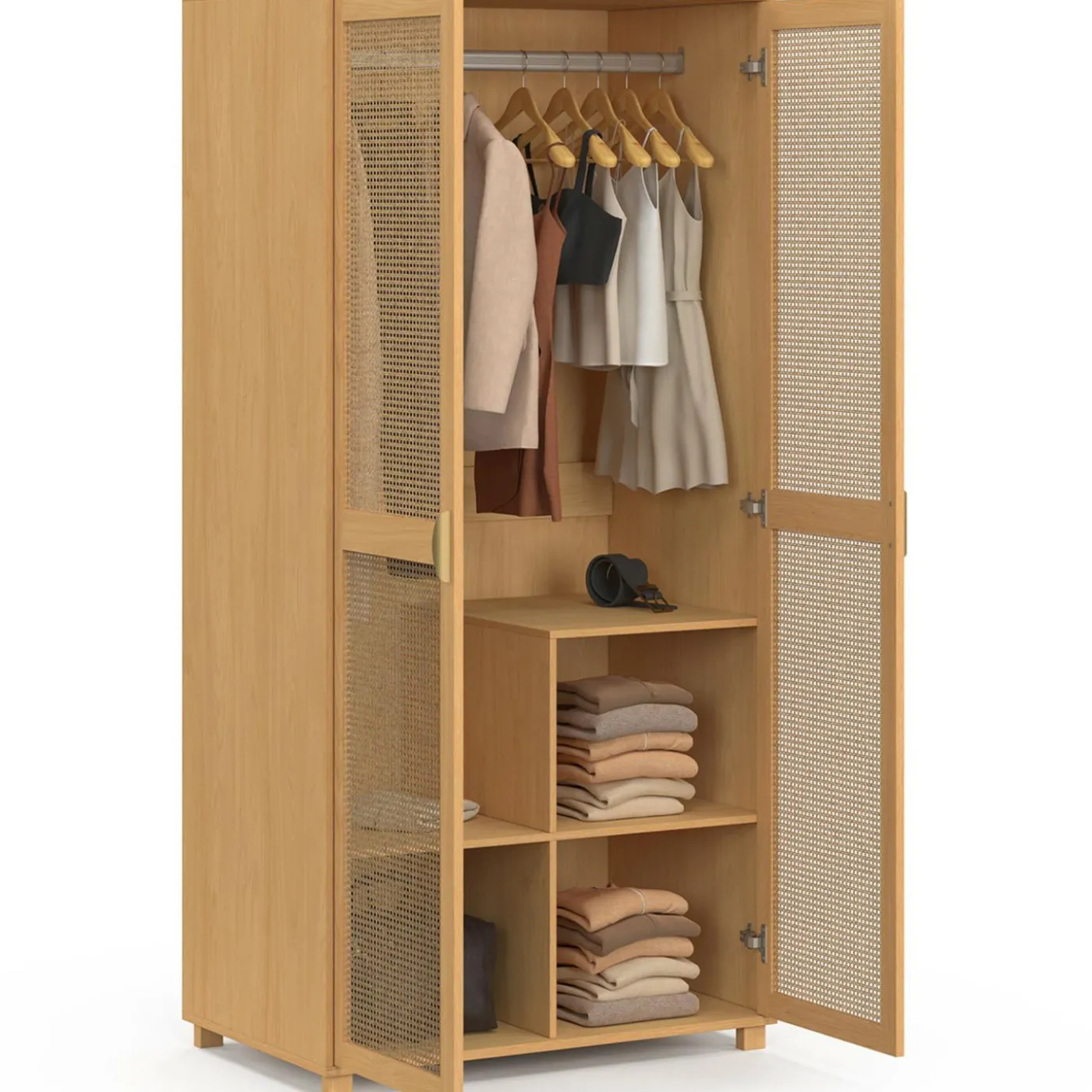 Armoire 2 portes cannage et bois penderie 80 cm avec étagères de rangement