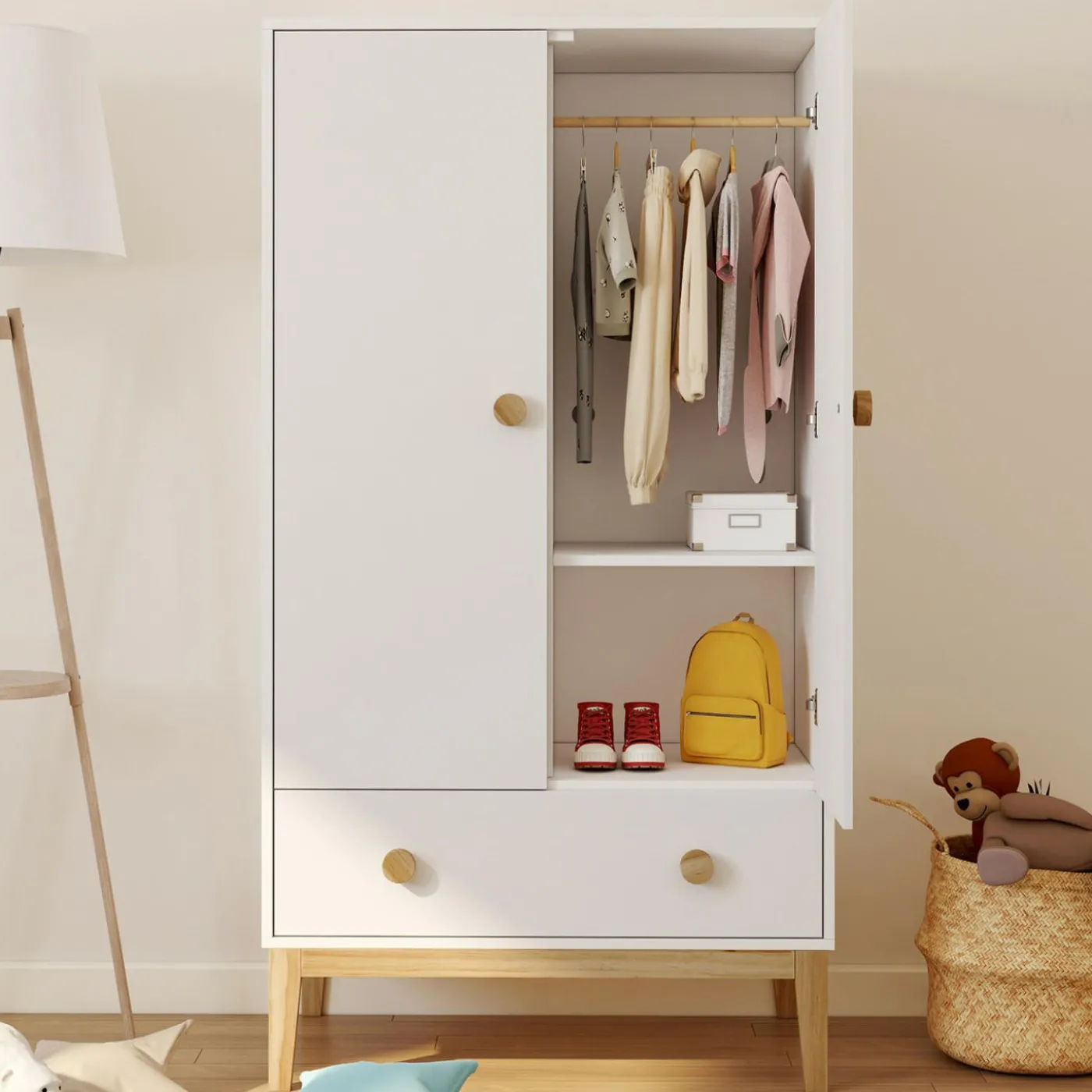 Armoire 2 portes et tiroir blanc et bois pour enfant