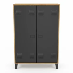 Armoire basse industrielle 2 portes métal noir et contour bois
