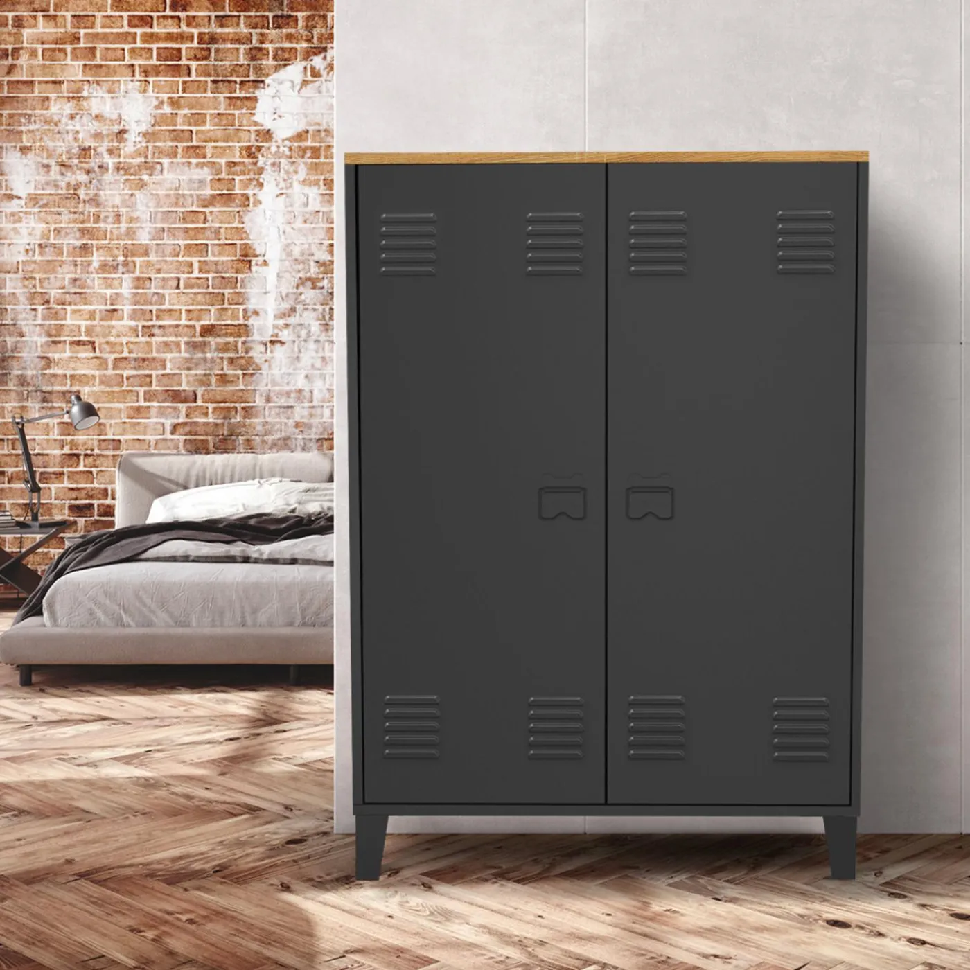 Armoire basse industrielle 2 portes métal noir et plateau bois