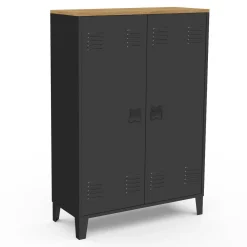 Armoire basse industrielle 2 portes métal noir et plateau bois