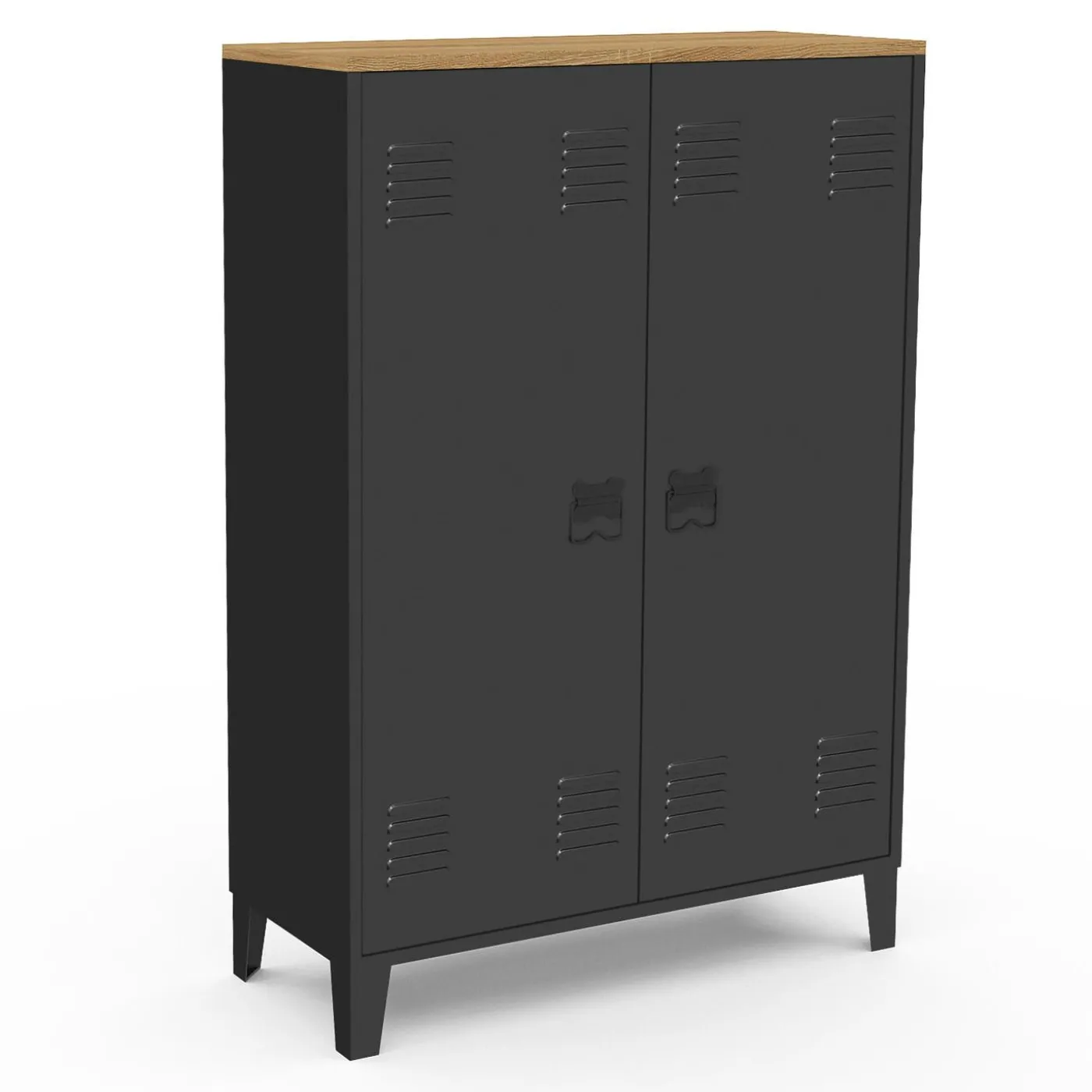 Armoire basse industrielle 2 portes métal noir et plateau bois