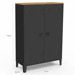 Armoire basse industrielle 2 portes métal noir et plateau bois