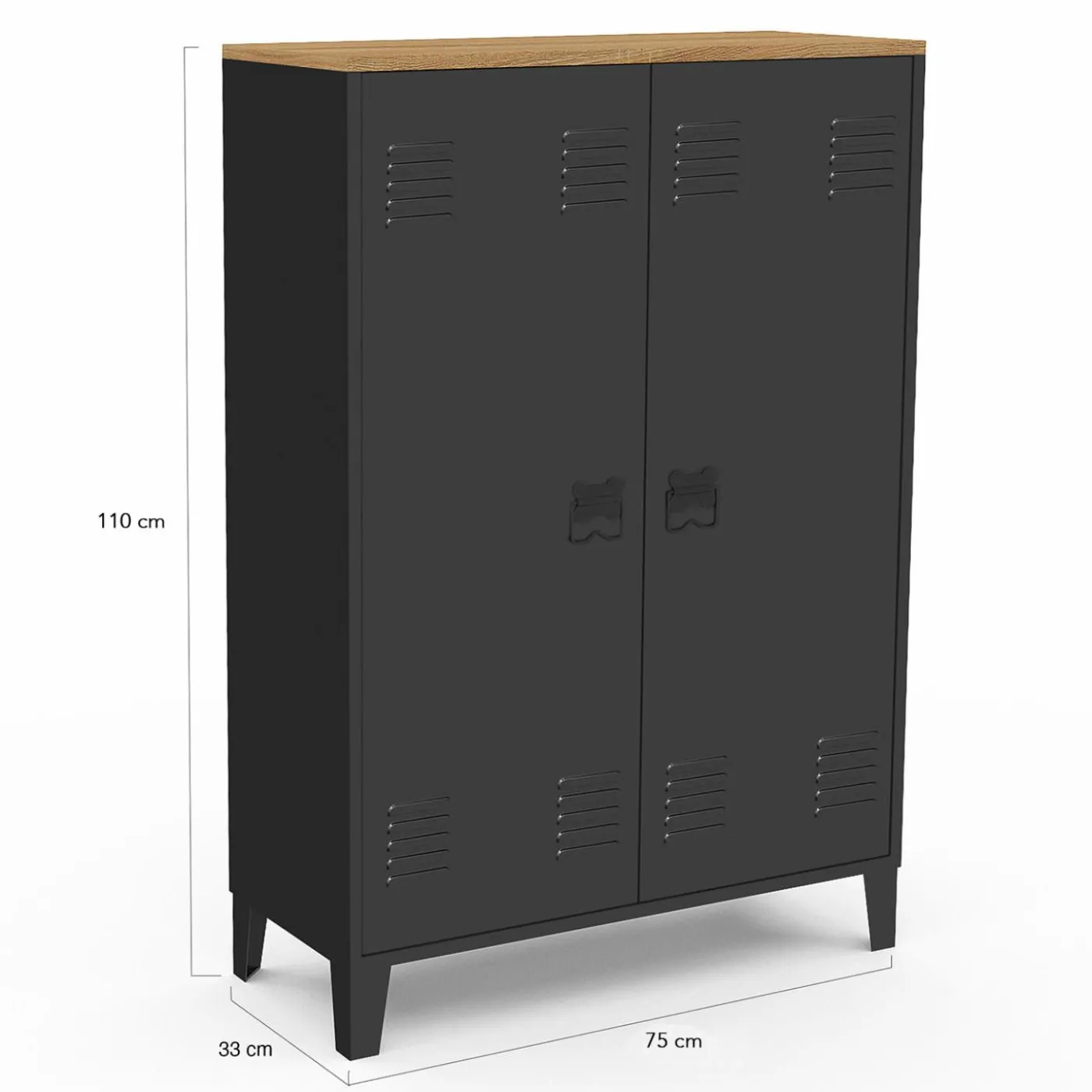 Armoire basse industrielle 2 portes métal noir et plateau bois