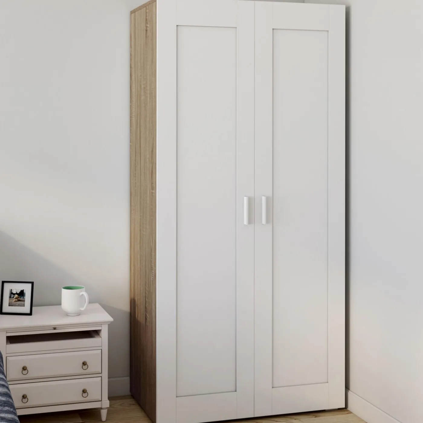 Armoire blanc et bois 2 portes et étagères