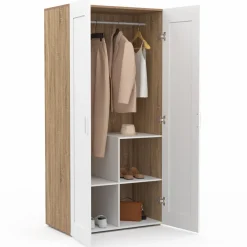 Armoire blanc et bois 2 portes et étagères