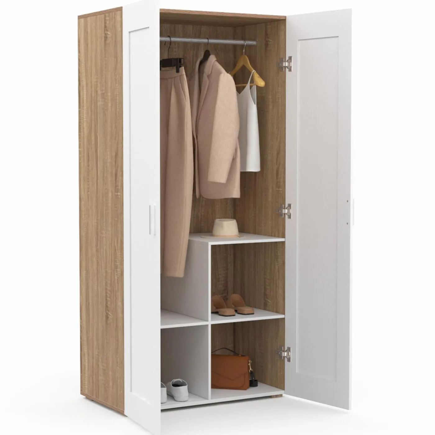 Armoire blanc et bois 2 portes et étagères