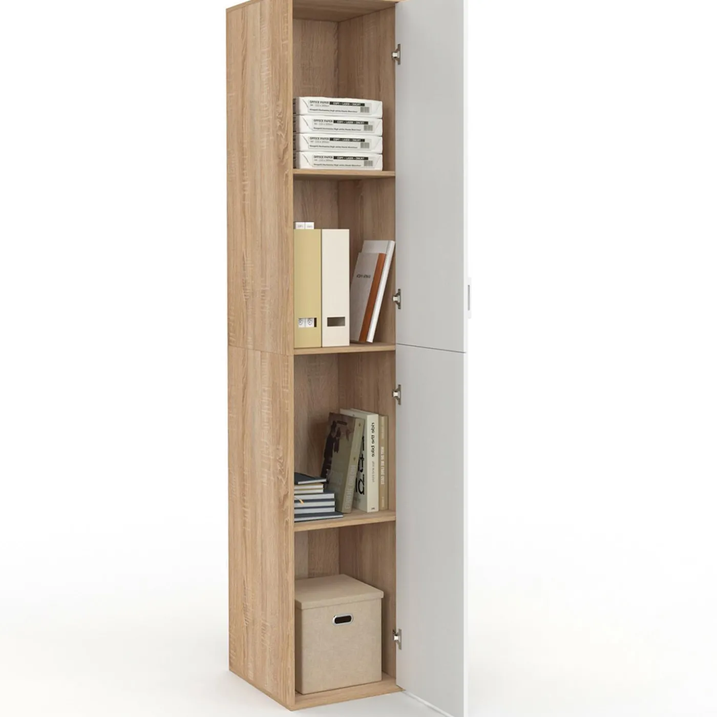 Armoire de bureau bois 180 cm multifonction 3 étagères 1 porte blanche