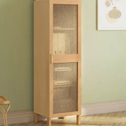 Armoire de rangement 1 porte 3 étagères bois et cannage