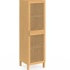 Armoire de rangement 1 porte 3 étagères bois et cannage