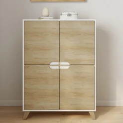 Armoire de rangement scandinave avec 4 portes blanc et bois
