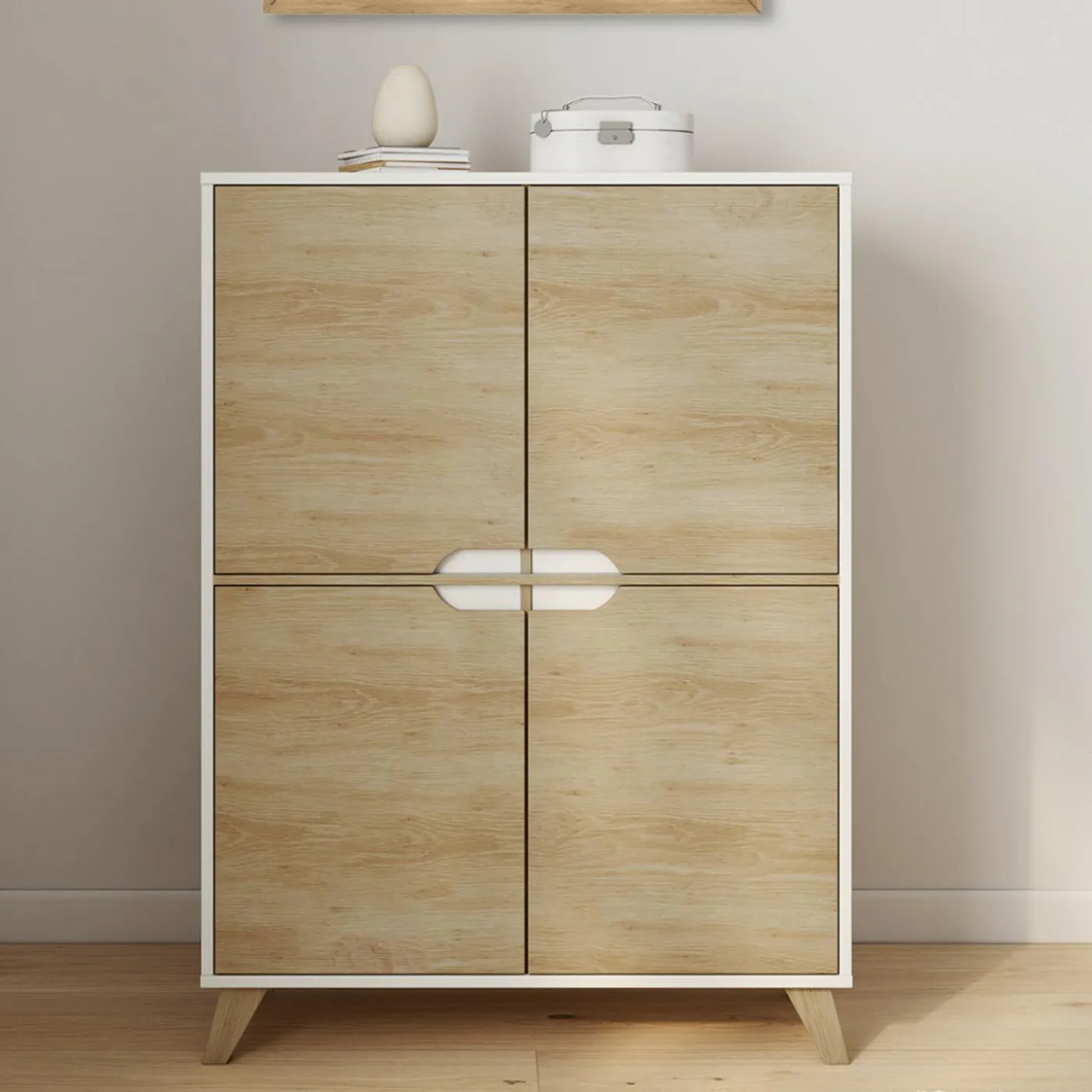 Armoire de rangement scandinave avec 4 portes blanc et bois