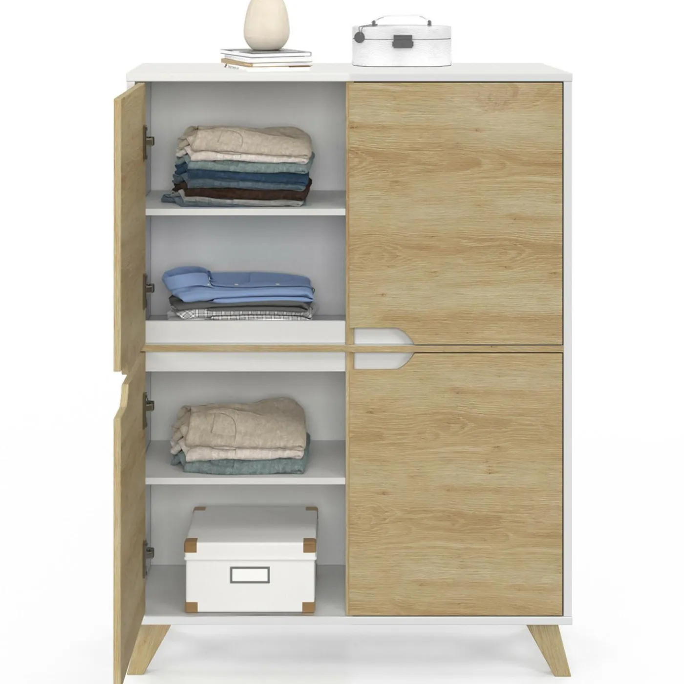 Armoire de rangement scandinave avec 4 portes blanc et bois