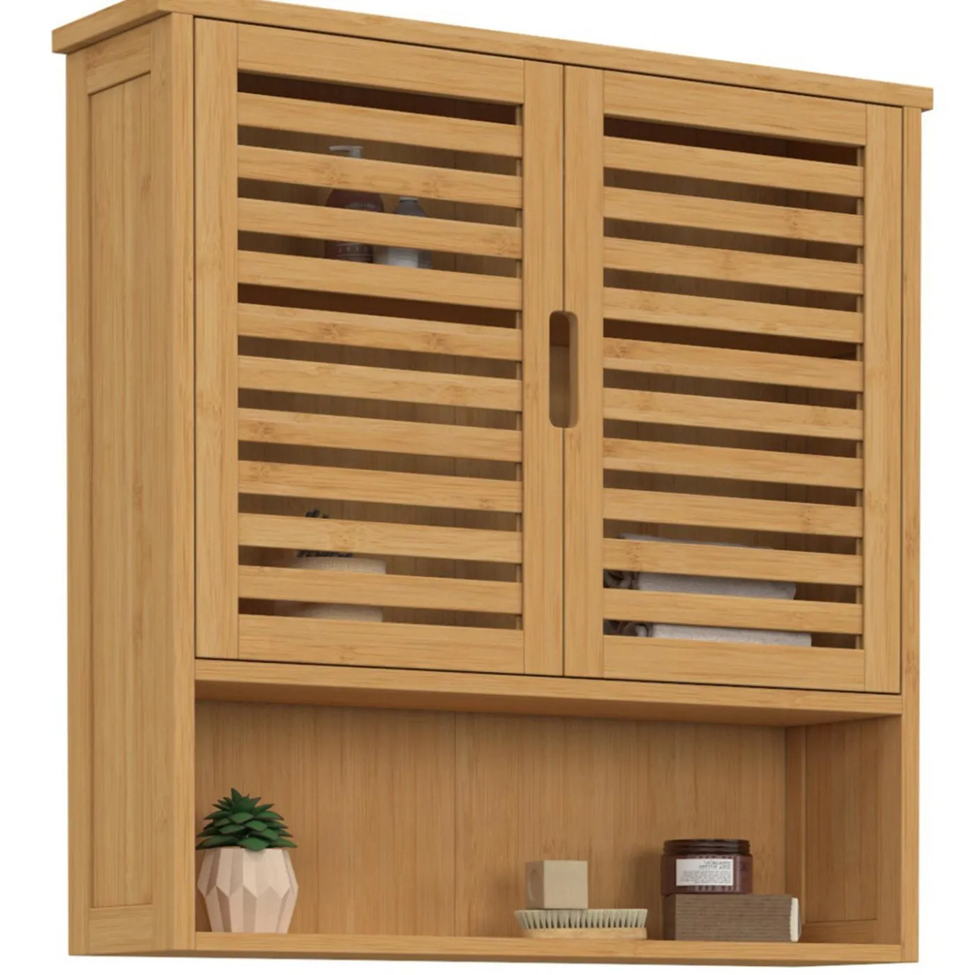 Armoire de salle de bain murale en bambou 2 portes et étagère