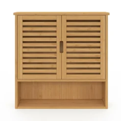 Armoire de salle de bain murale en bambou 2 portes et étagère