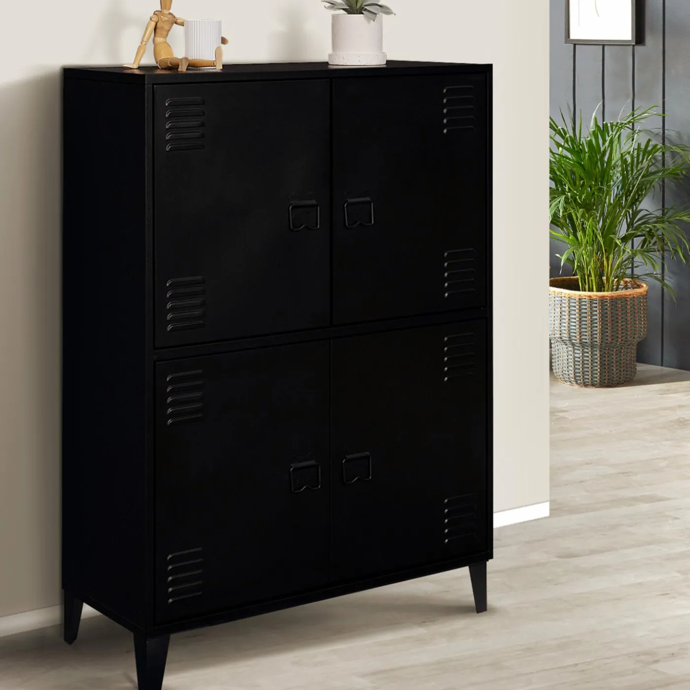 Armoire noire et bois avec 4 portes métalliques