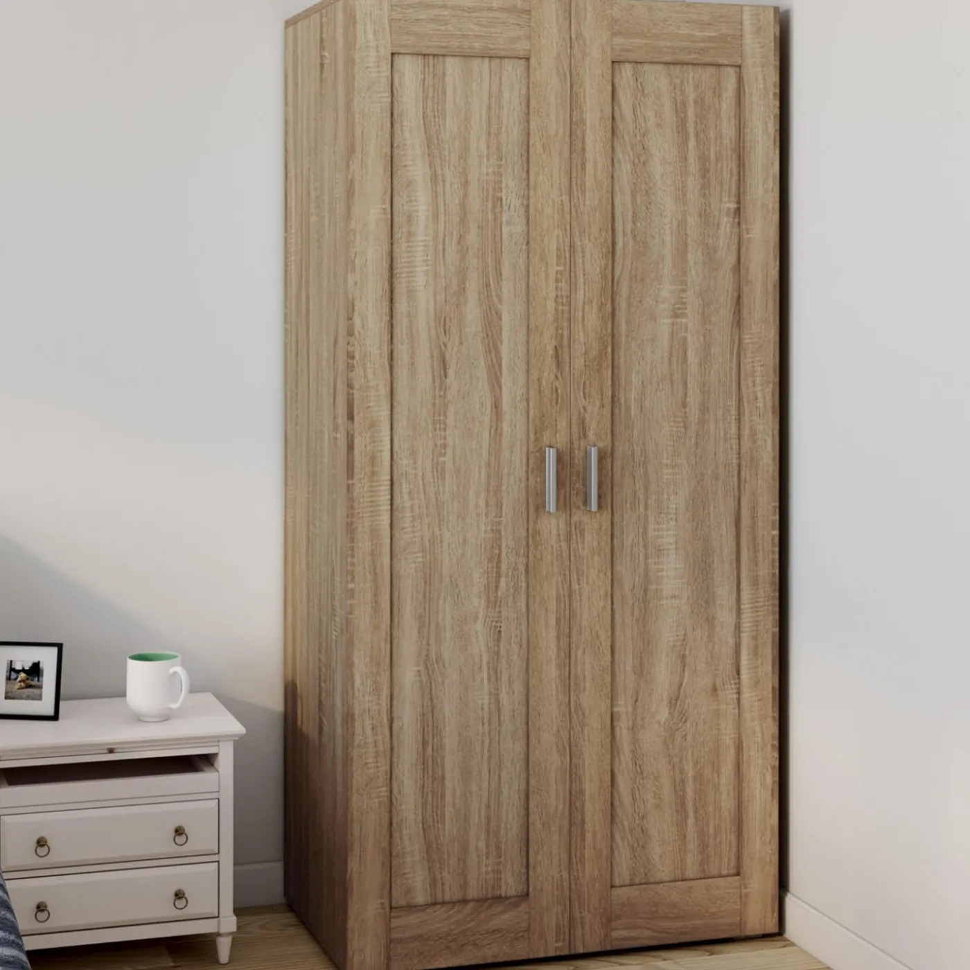 Armoire penderie en hêtre avec 2 portes et étagères