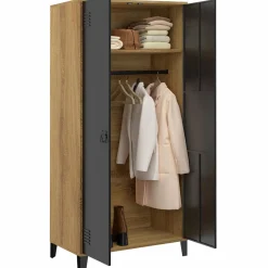 Armoire vestiaire penderie métal noir et bois avec 2 portes