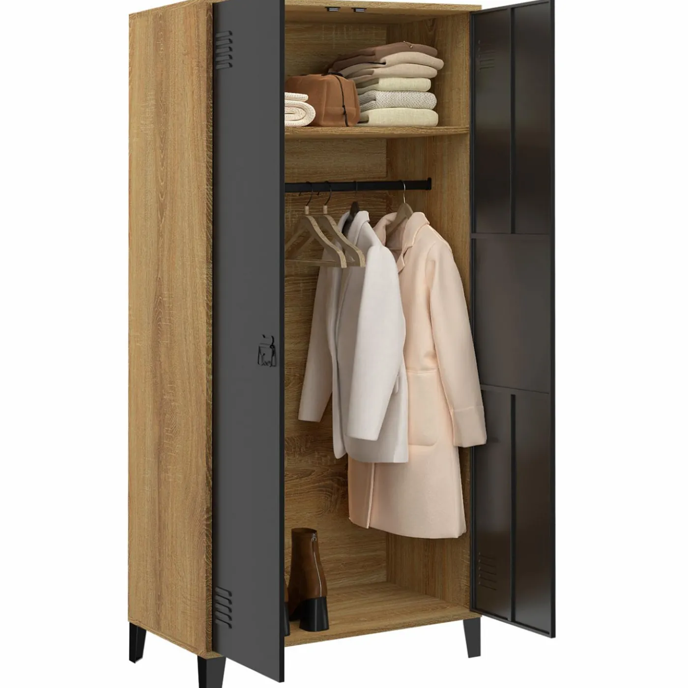 Armoire vestiaire penderie métal noir et bois avec 2 portes