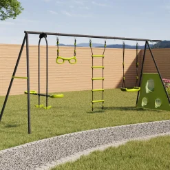 Balançoire 4 portiques pour jardin avec panier de basket et but de foot