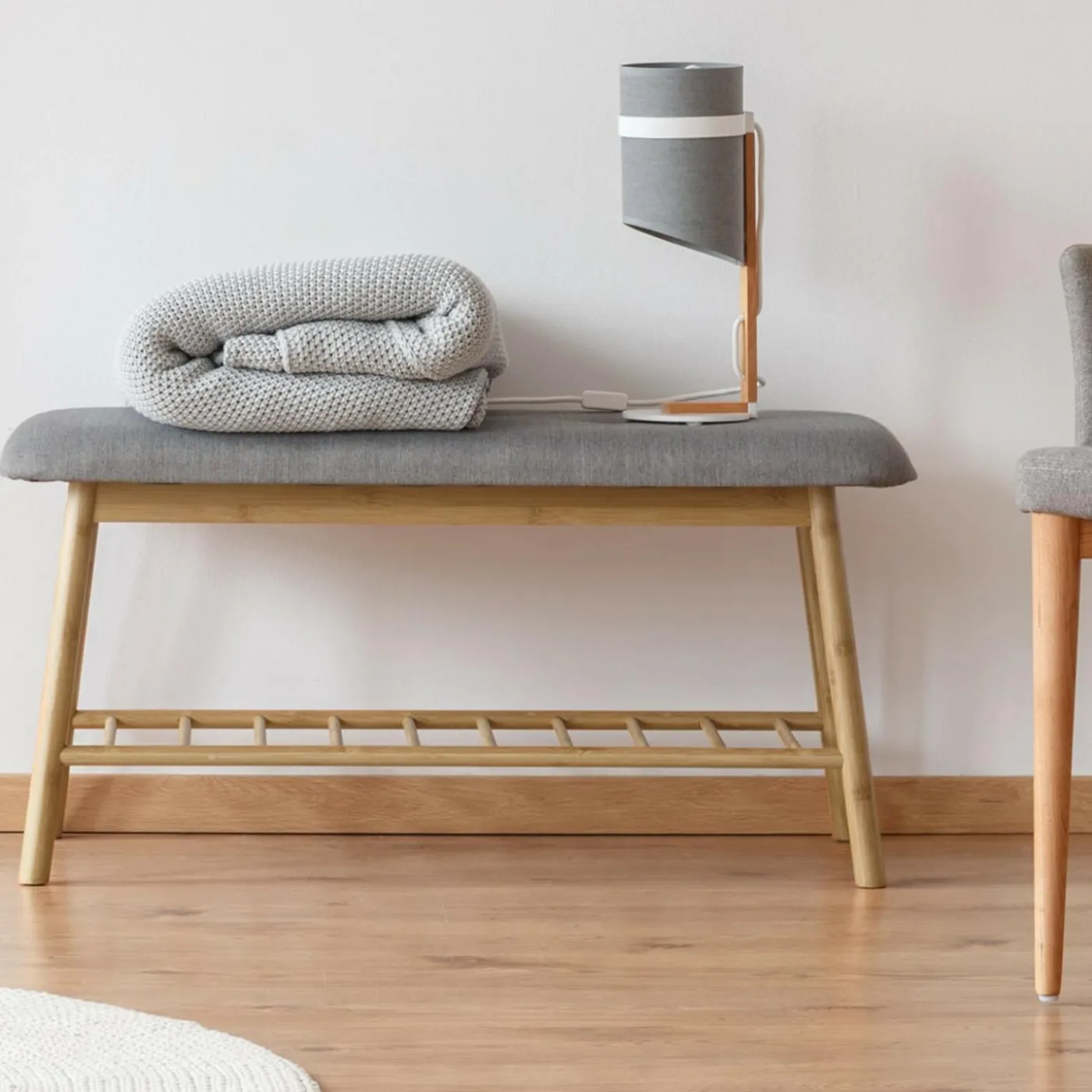 Banc bambou tissu gris style scandinave